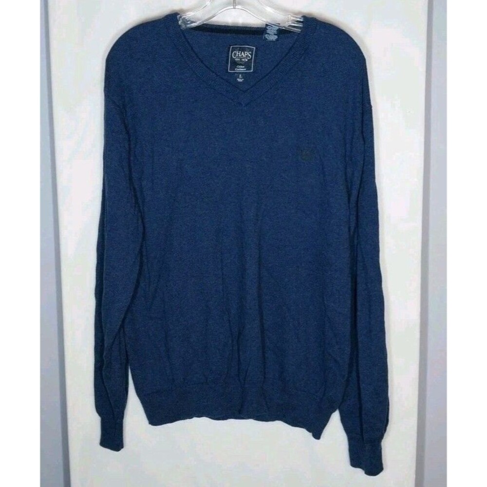 Chaps Mens Cotton Cashmere V-Neck Sweater Blue Crest Logo Long Sleeve L Pullover